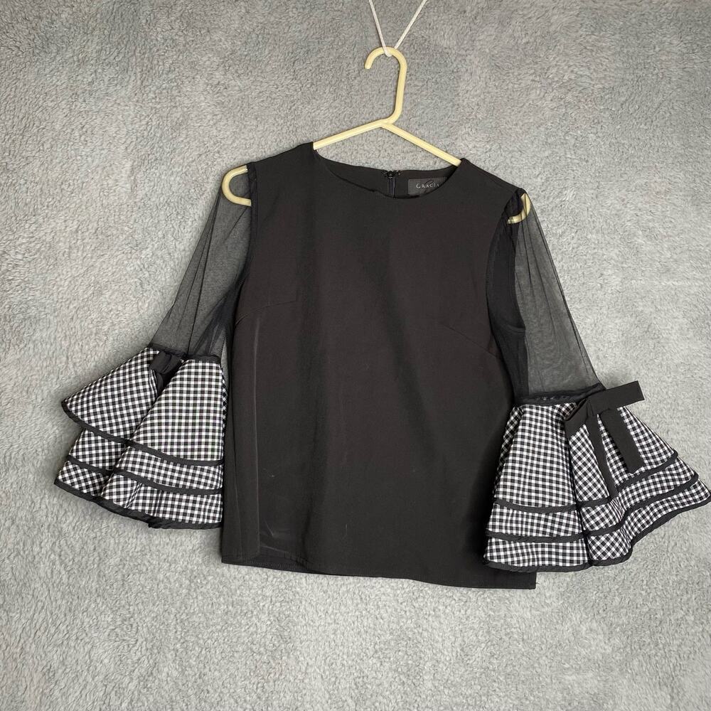 Gracia black bows plaid fancy date night dramatic bell sleeves dressy blouse S